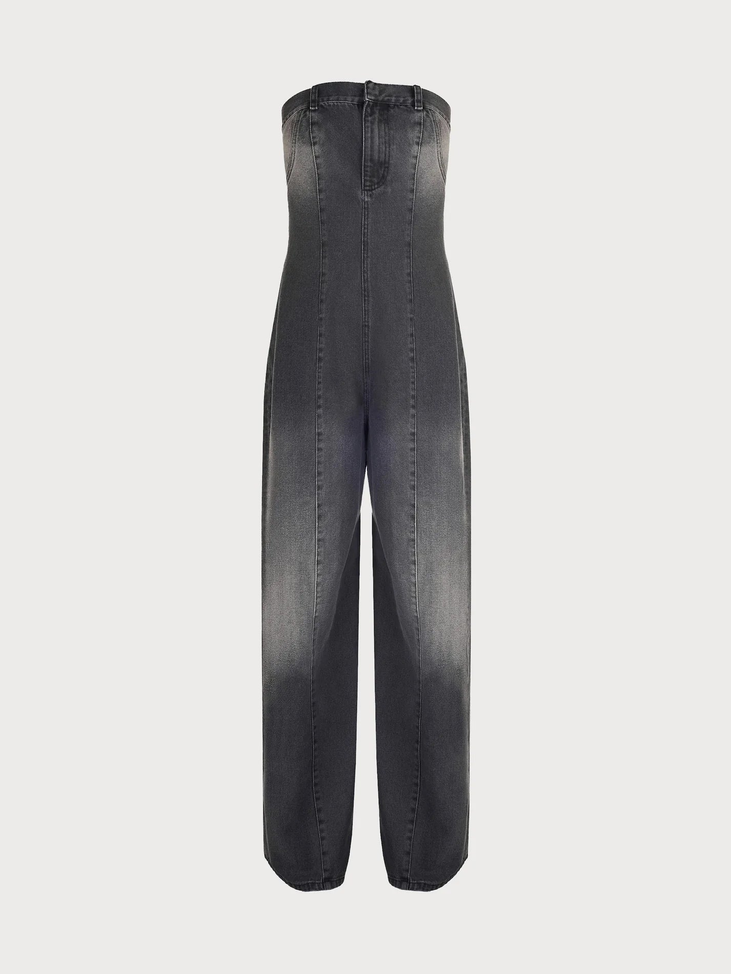 Strapless denim overall with rust wash