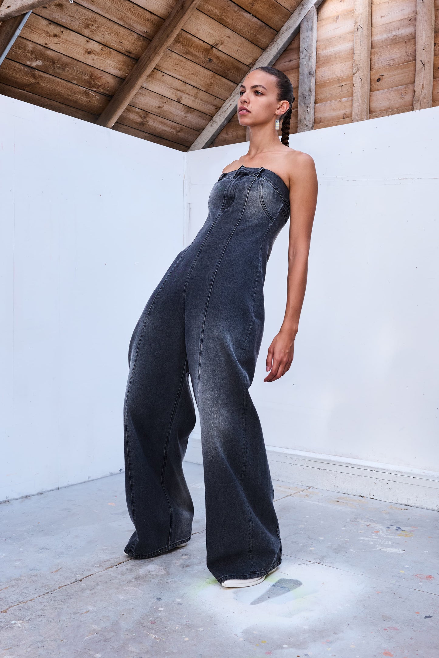 Strapless denim overall with rust wash