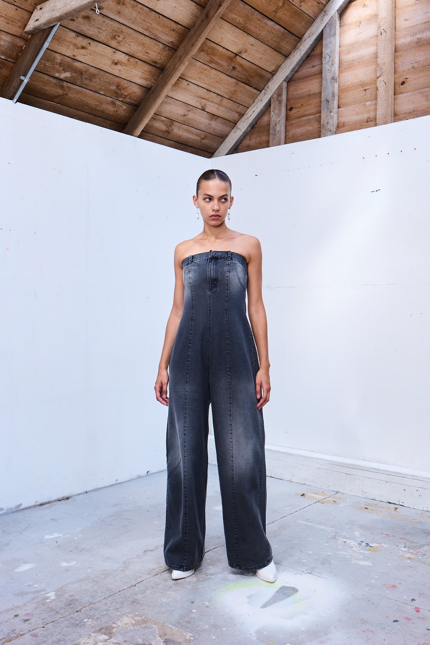 Strapless denim overall with rust wash