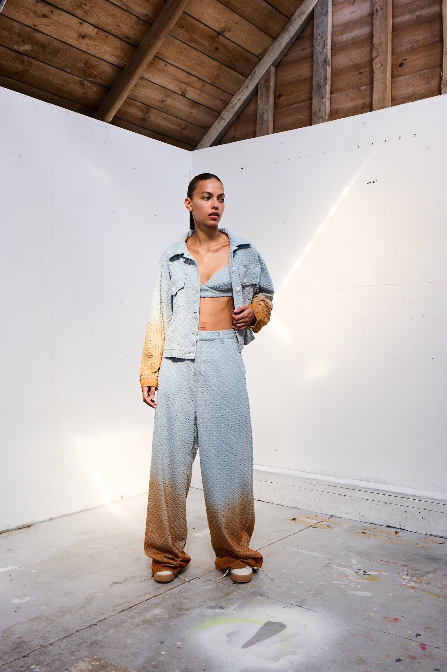 Perforated Denim Jacket with Orange Gradient
