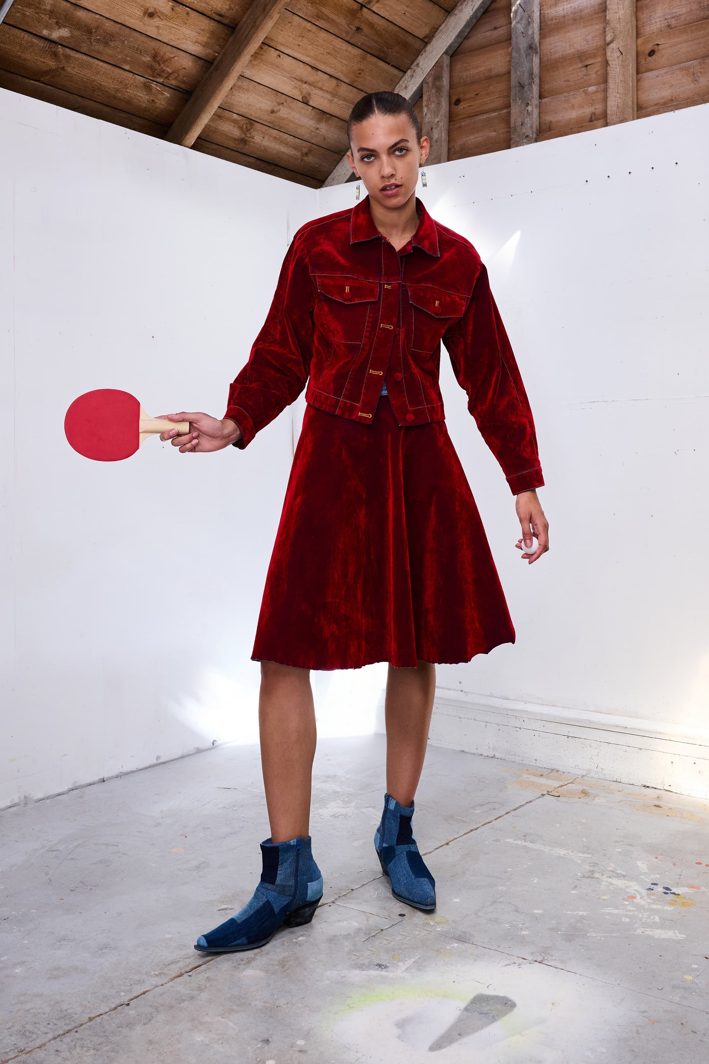 Denim Jacket in Red Velour