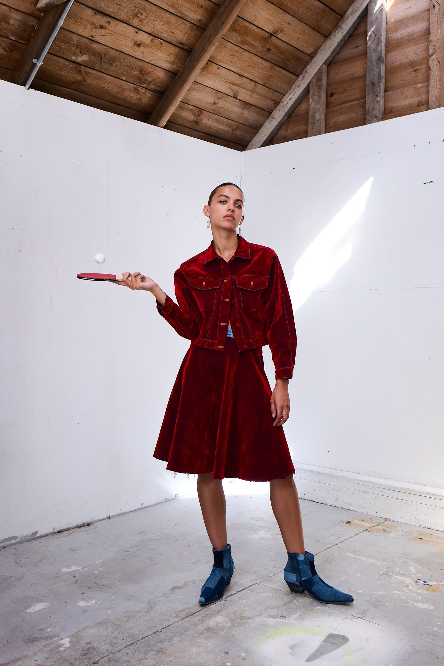 Denim Jacket in Red Velour