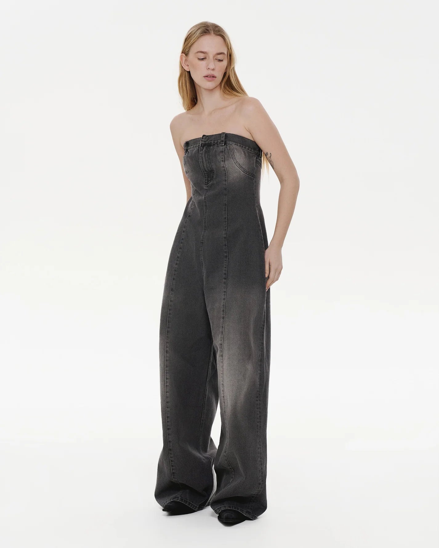 Strapless denim overall with rust wash
