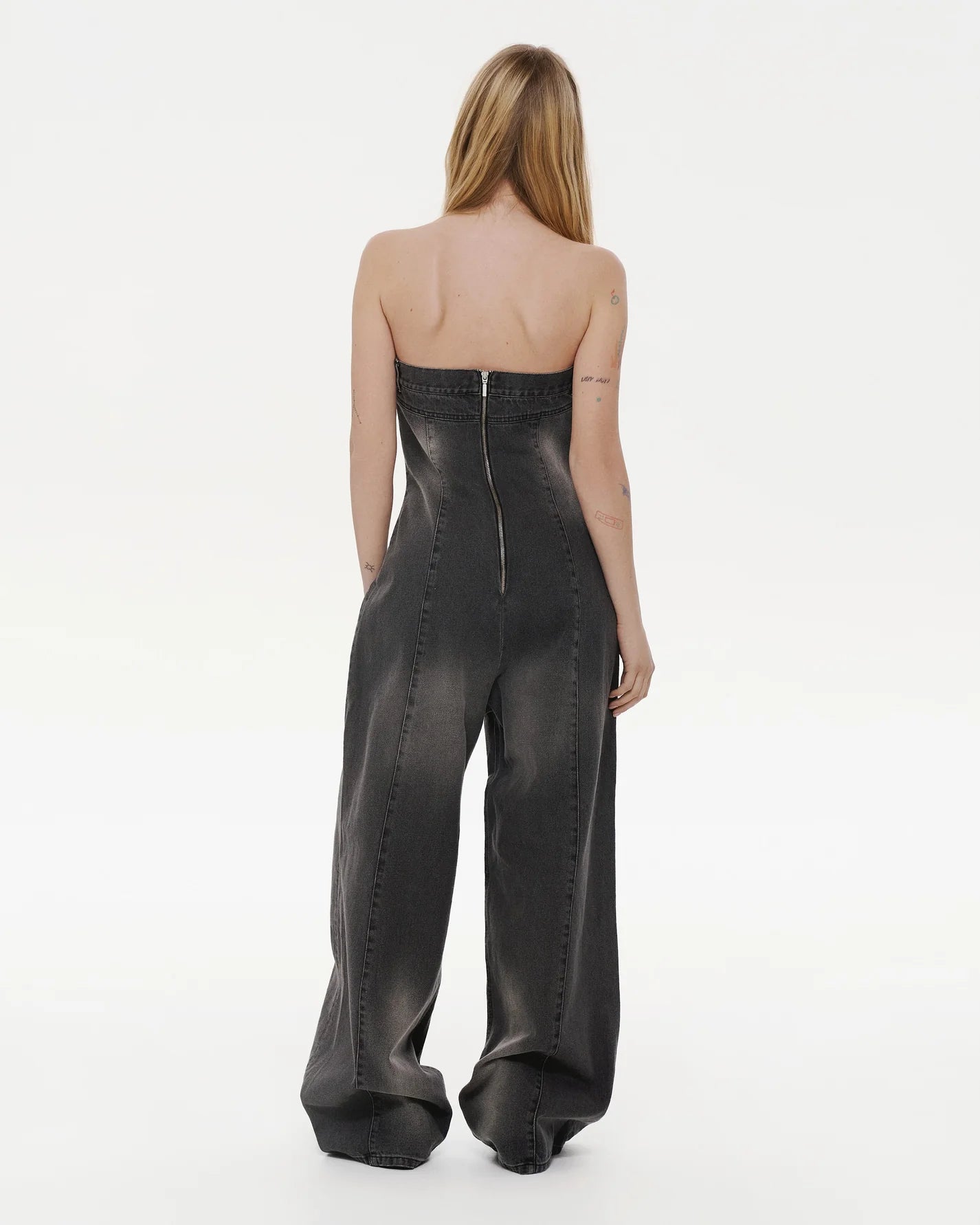 Strapless denim overall with rust wash