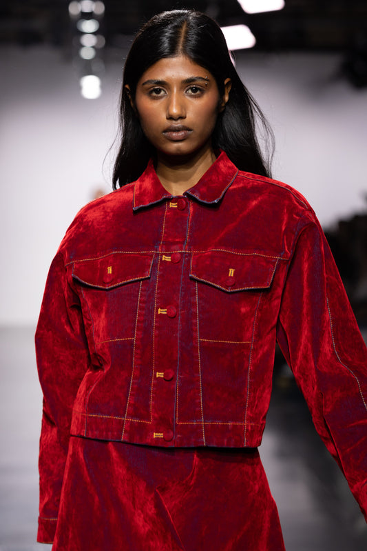 Denim Jacket in Red Velour