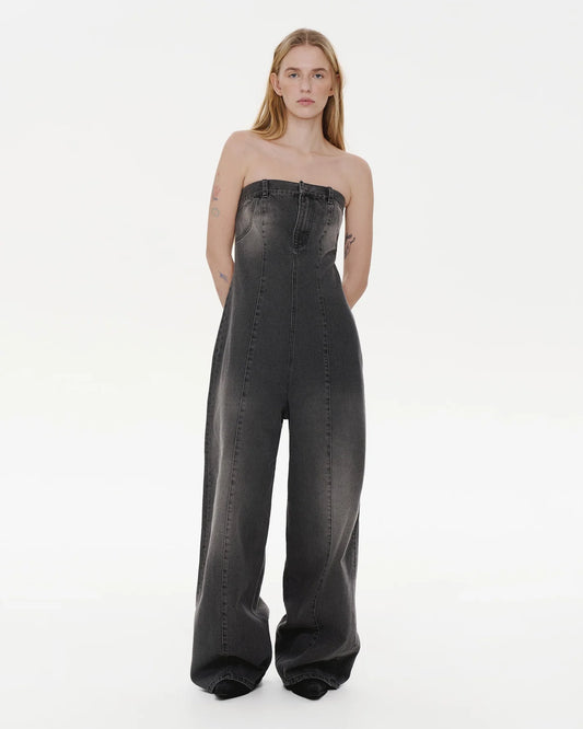 Strapless denim overall with rust wash